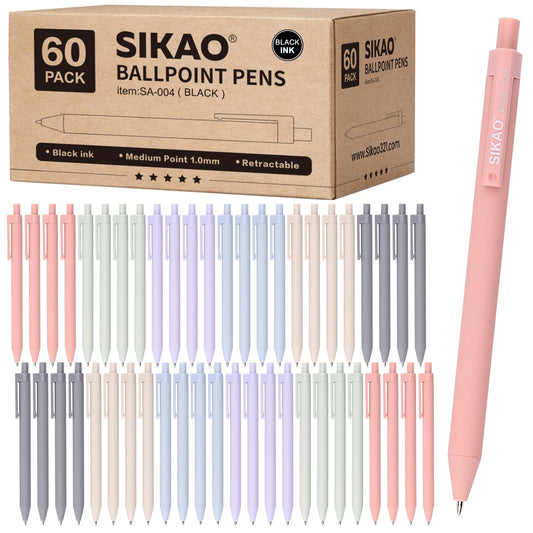 Sikao Pens Bulk, 60 Pack Ballpoint Pens Black Ink 1.0mm (Morandi)