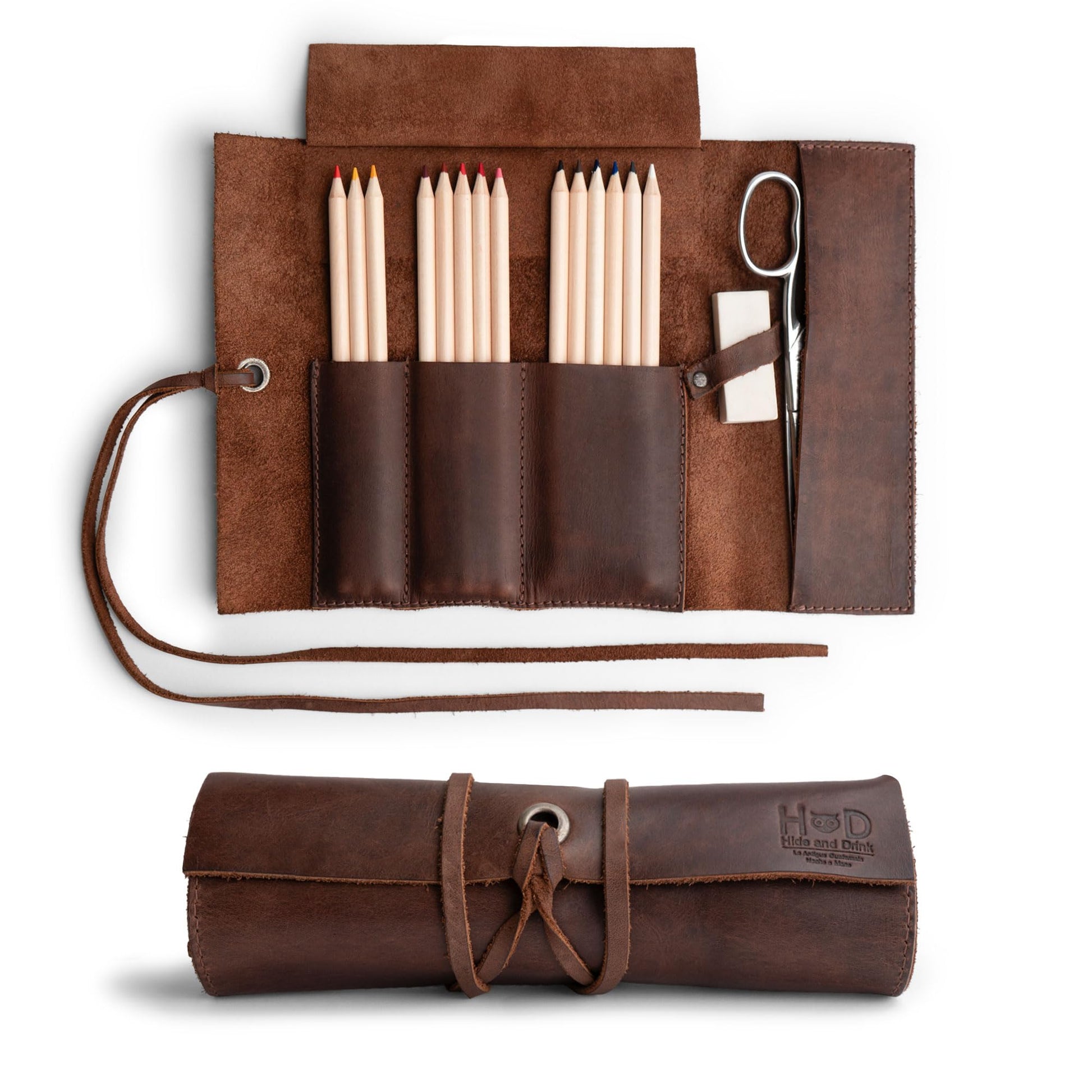 Hide & Drink, Rustic Leather Pencil Roll Pouch, Multi-Purpose Storage Wrap for Scissors, Earphones