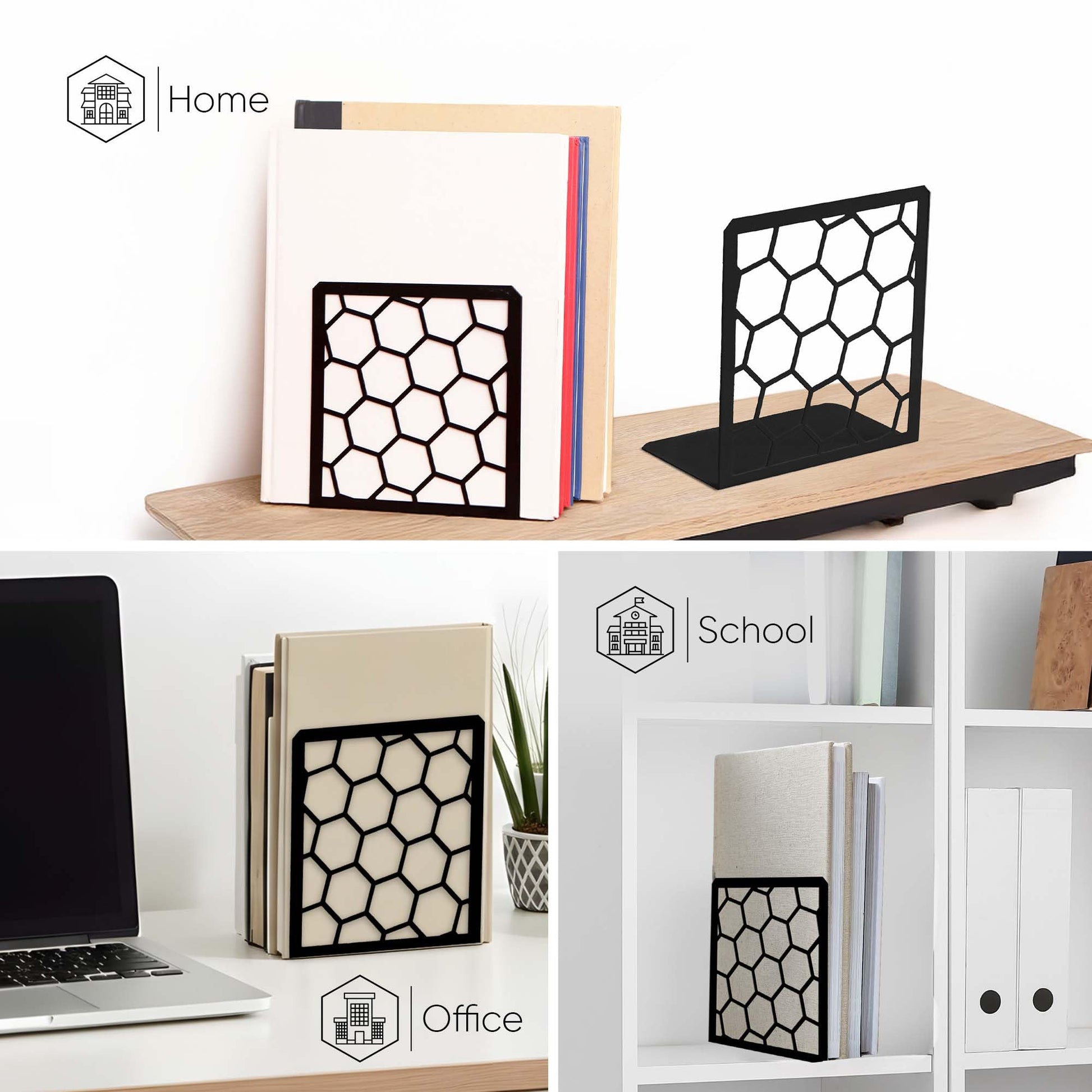 GEOMOD Premium Geometric Black Honeycomb Bookends for Shelves, Metal Book Ends Office, L-Shaped