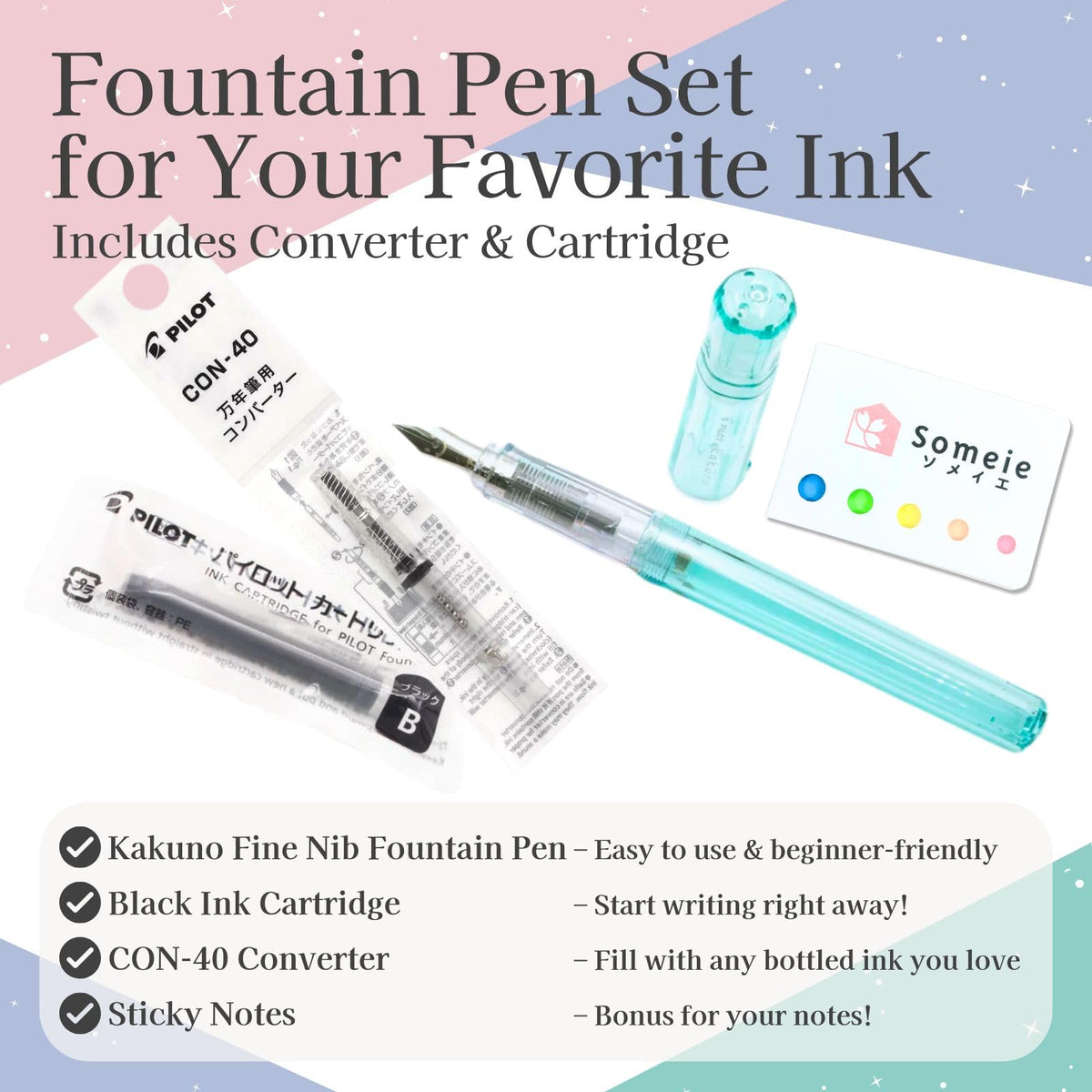 Someie Fountain Pen Set CON-40 Converter & Kakuno Fine Nib with Black Ink Cartridge & Sticky Notes