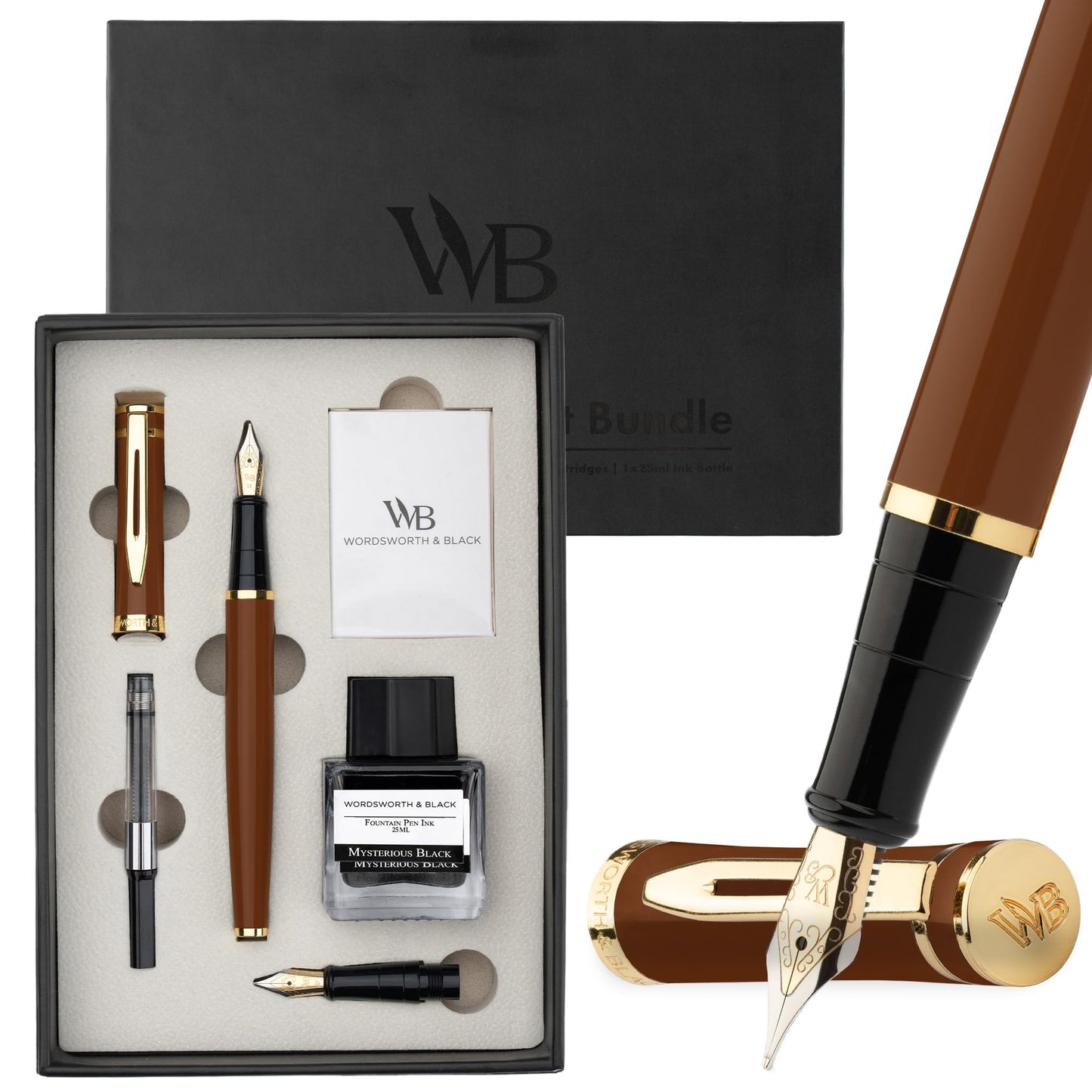 Wordsworth & Black Fountain Pen Gift Set, Medium & Extra Fine Nib, Brown