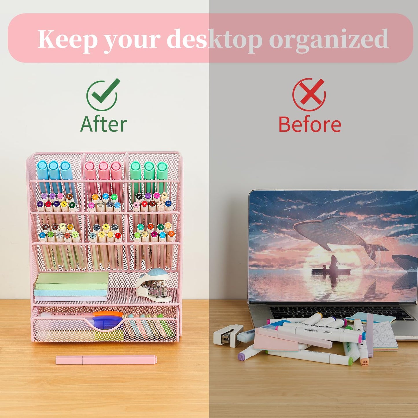 Spacrea Pen Holder Desk Organizer - Desk Organizers and Accessories, Pencil Holder with 10