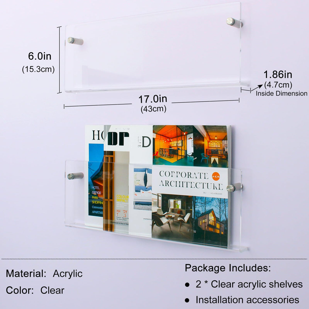XOHYW 2 Pack Clear Acrylic Magazine Holder, Wall Mount Hanging Bookshelf Literature Storage Rack