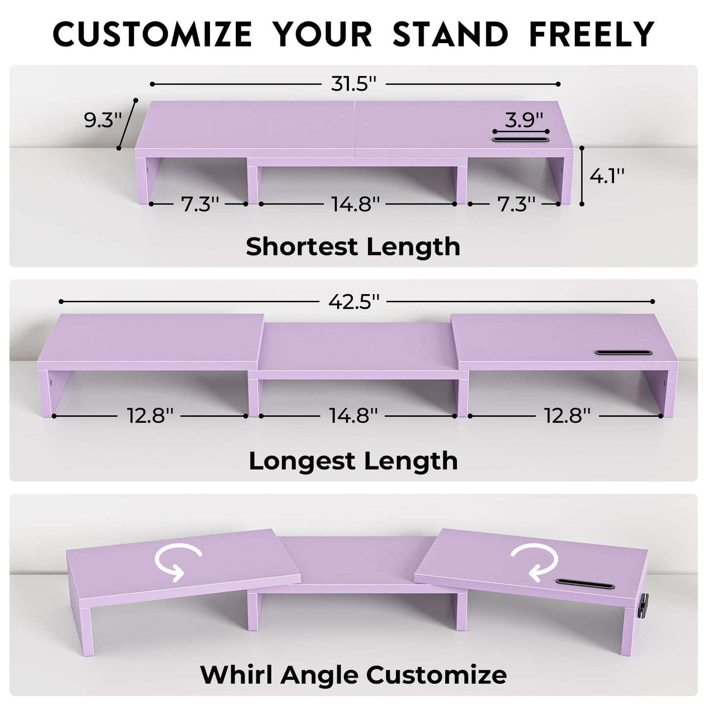 BONTEC Dual Monitor Stand Riser, Adjustable Length & Swivel Angle, Purple