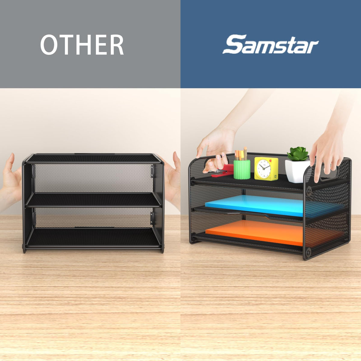 Samstar 3 Tier Letter Tray Paper Organizer with Handle, Mesh Desk Organizer Paper Sorter File Rack