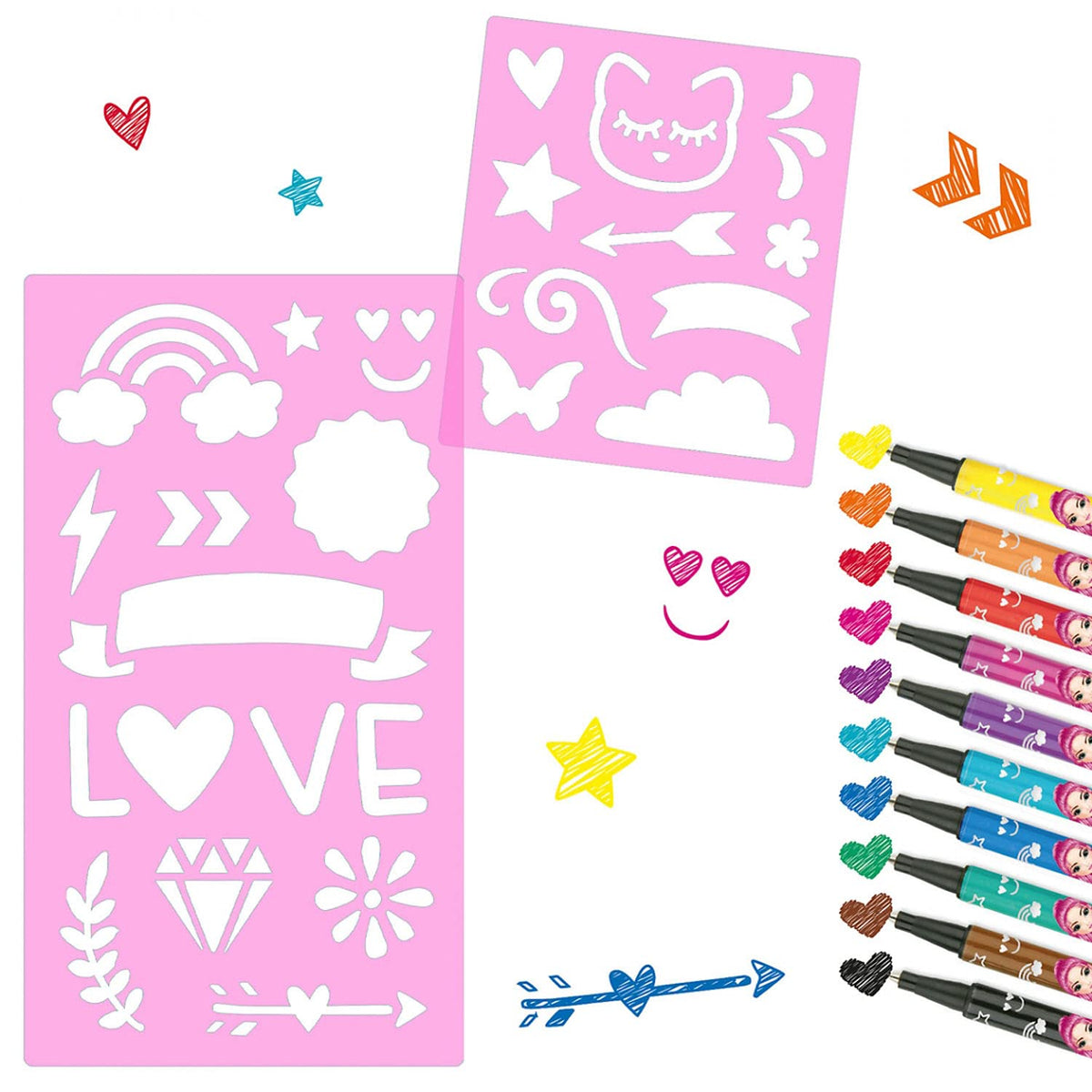 Depesche 11500 TOPModel - Fineliner Set with 10 Pens and 2 Stencils, Fine Painters in 10 Different