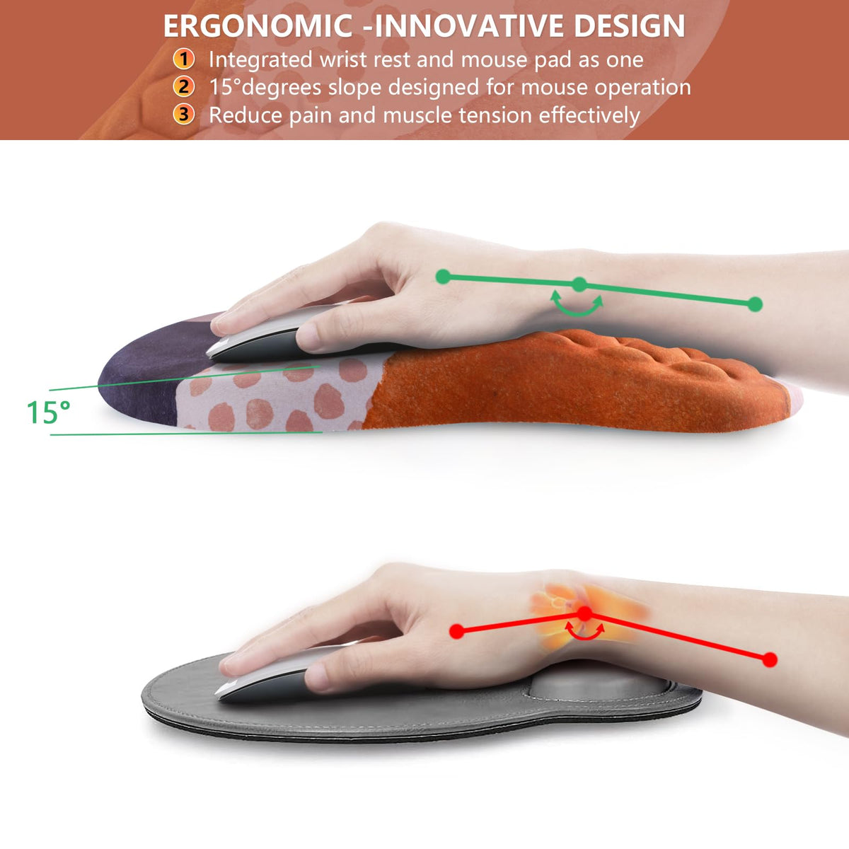 Laokiiy Ergonomic Mouse Pad Wrist Rest, 15° Memory Foam, Non-Slip PU Base