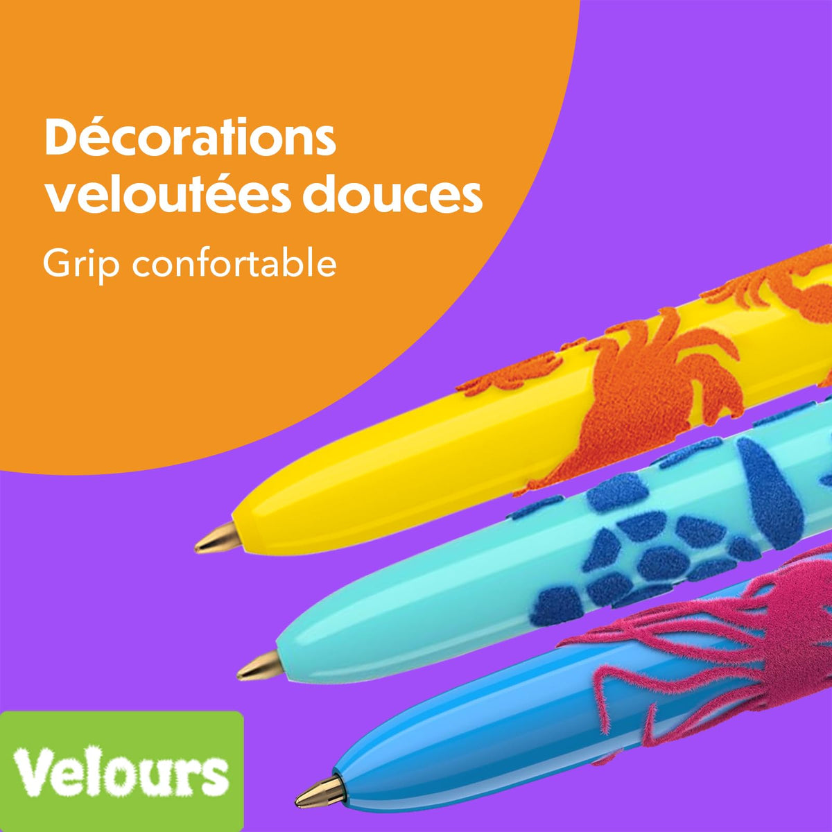 BIC 4 Colours Velours Ball Pens Medium Points (1.00 mm) Sea Life Theme - 3 Assorted Designs, Pack