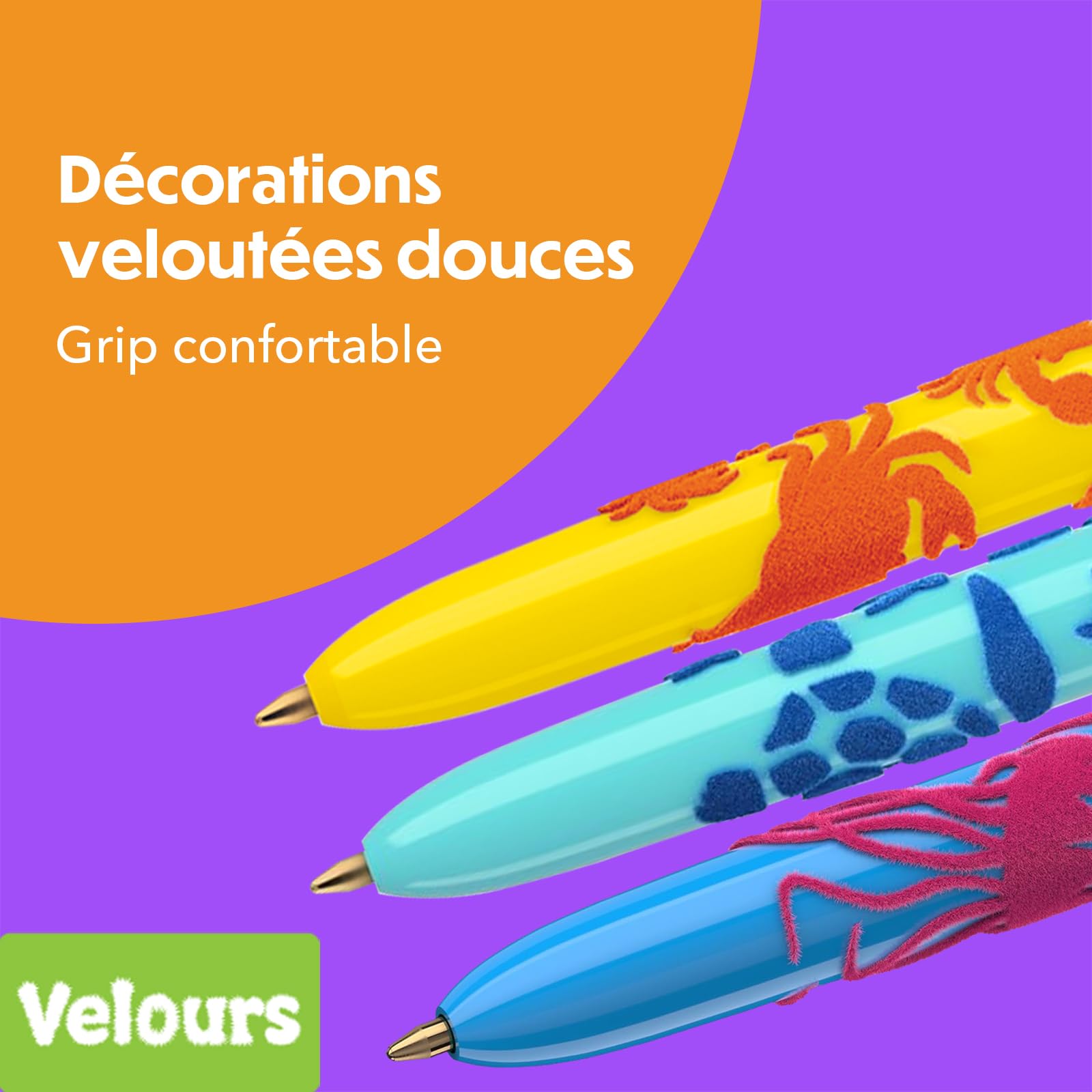 BIC 4 Colours Velours Ball Pens Medium Points (1.00 mm) Sea Life Theme - 3 Assorted Designs, Pack
