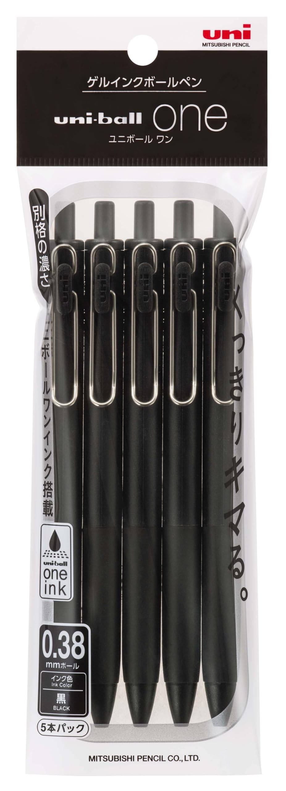Mitsubishi Pencil UMNS385PBK.24 Uni-Ball One Gel Ballpoint Pen 0.38 Black Shaft 5 Pack