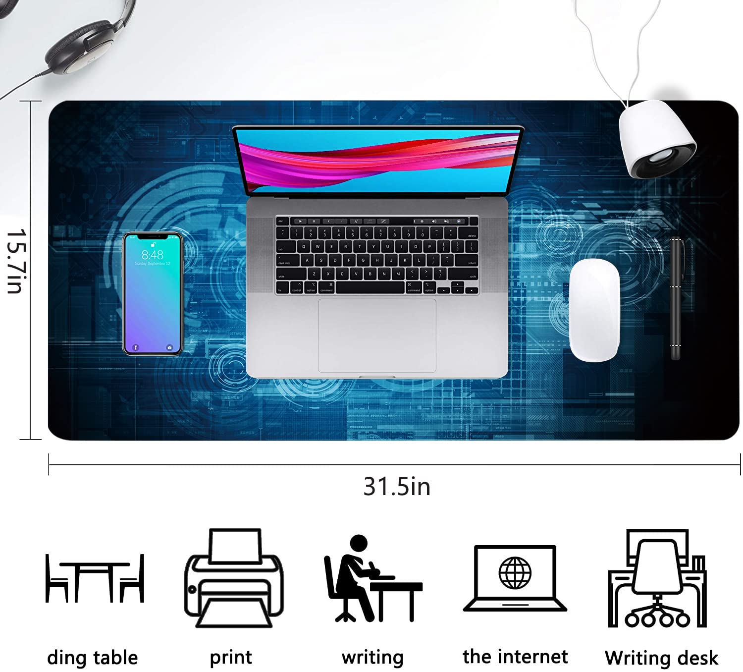 Extended Large Gaming Mouse Pad Abstract Blue Futuristic Tech XXL Size Keyboard Mouse Mat Desk Pad