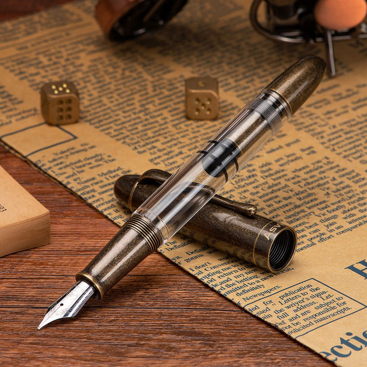 Asvine P30 Piston Fountain Pen Steel Fine Point, Retro Brass Style, Clear Demonstrator Acrylic Pen