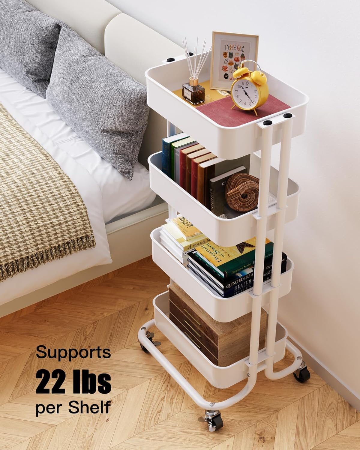Pipishell 4 Tier Metal Rolling Utility Cart with 2 Lockable Wheels, White