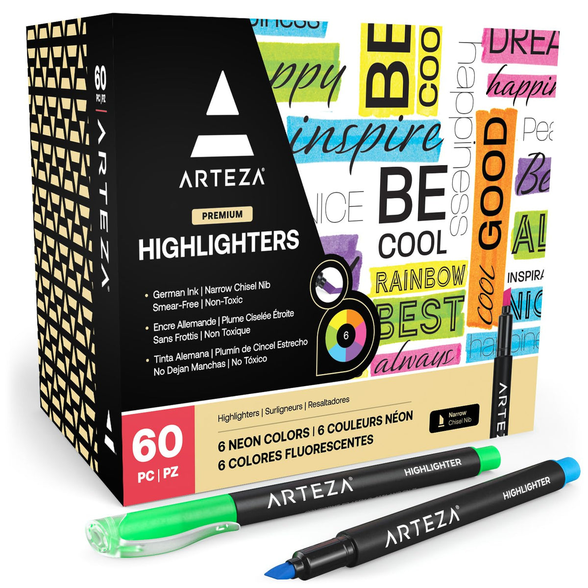ARTEZA Highlighters – Set of 60 Assorted Neon Colors with Narrow Chisel Tips, Quick-Dry Ink for
