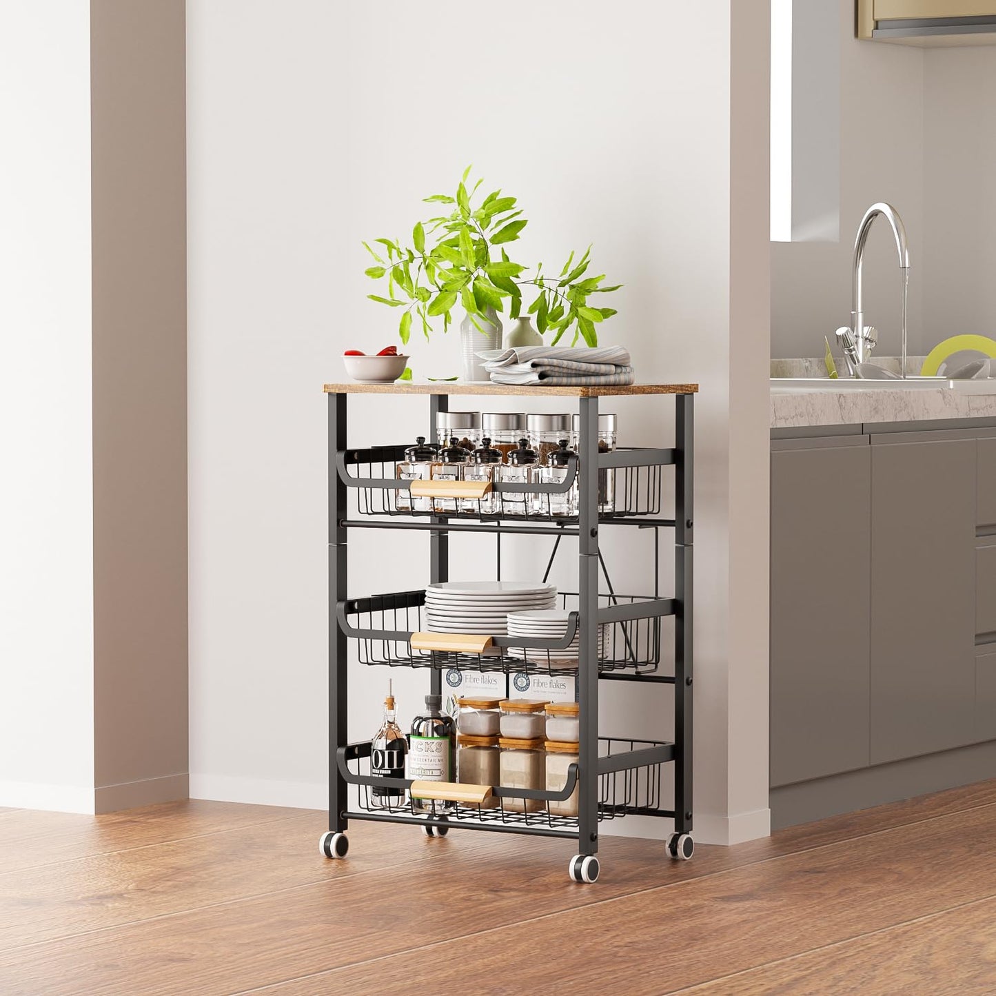 NiuYichee 4-Layer Fruit Basket Kitchen Food Organizer and Rack, Stackable Storage Cart with