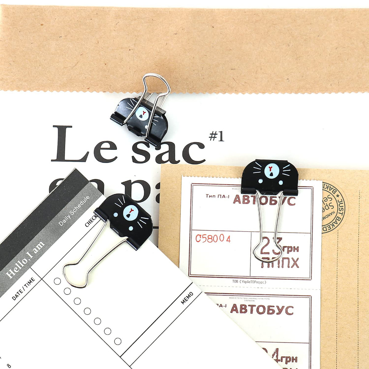 Cute Cat Metal Binder Clips 20Pcs Black Medium Paper Clamps for School Home Desk Organizers Office