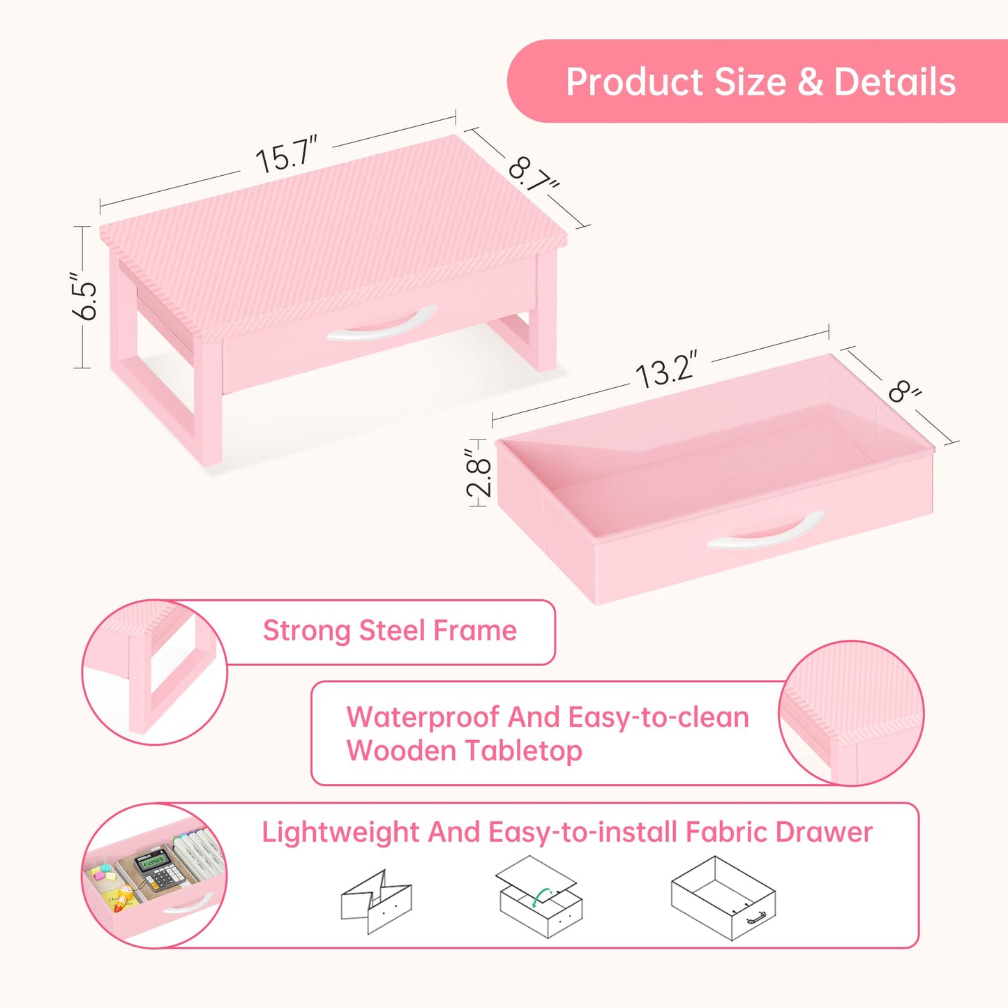 HEWORLIF Desk Organizers and Accessories, Computer Monitor Stand Riser with Fabric Drawer, 2-Tier