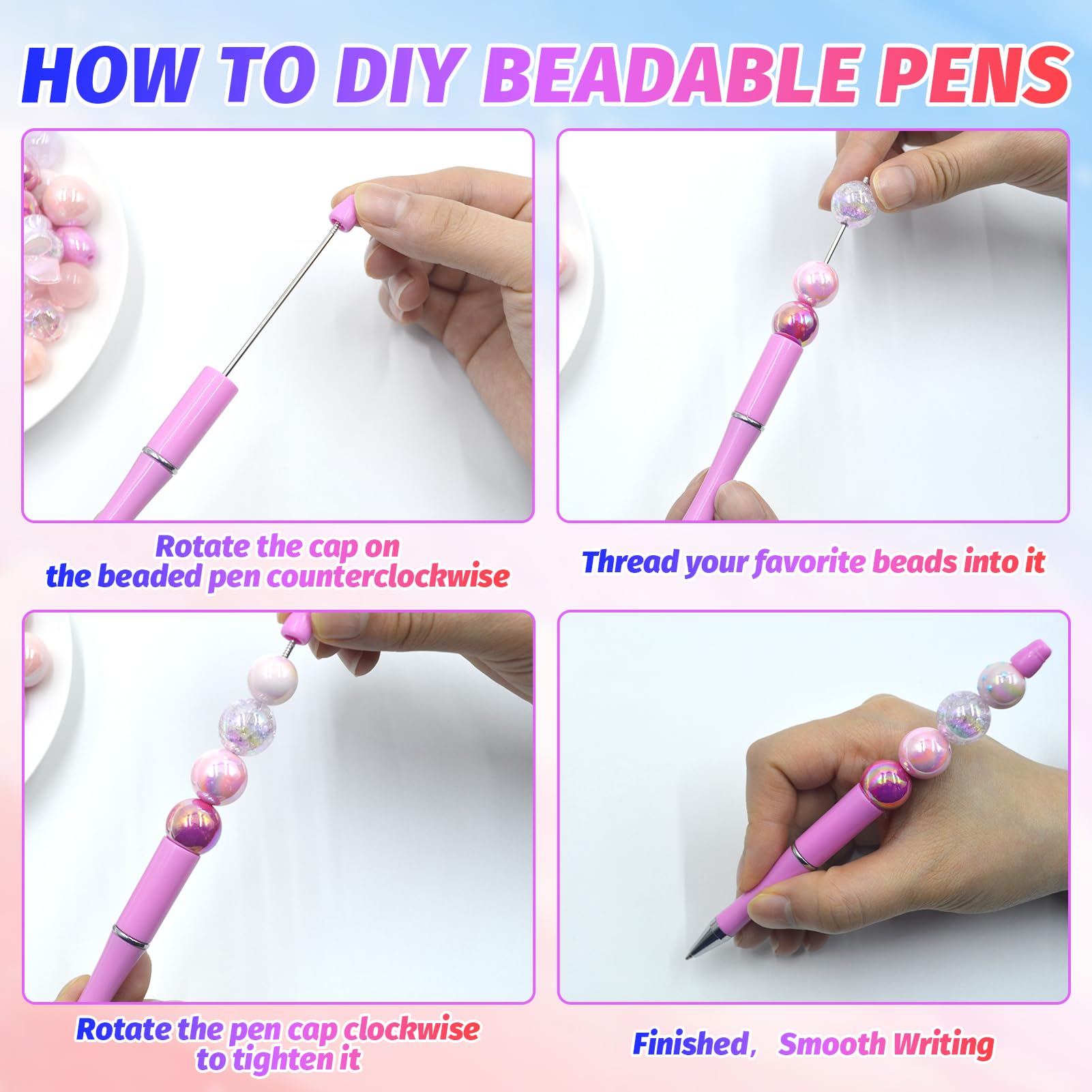 DASTTUIS 150 Pieces DIY Beadable Pen Kit – 50 Plastic Ballpoint Pens with Refills & Bags – School