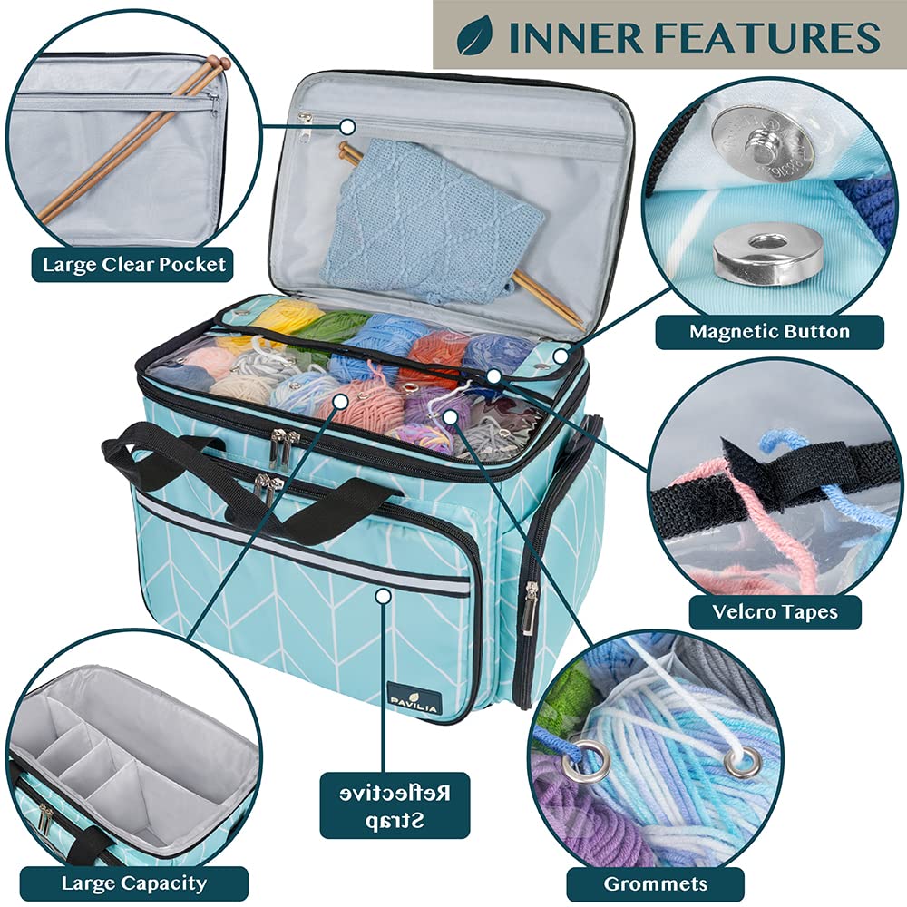 PAVILIA Large Knitting Yarn Storage Bag Crochet Organizer for Knitter, Teal