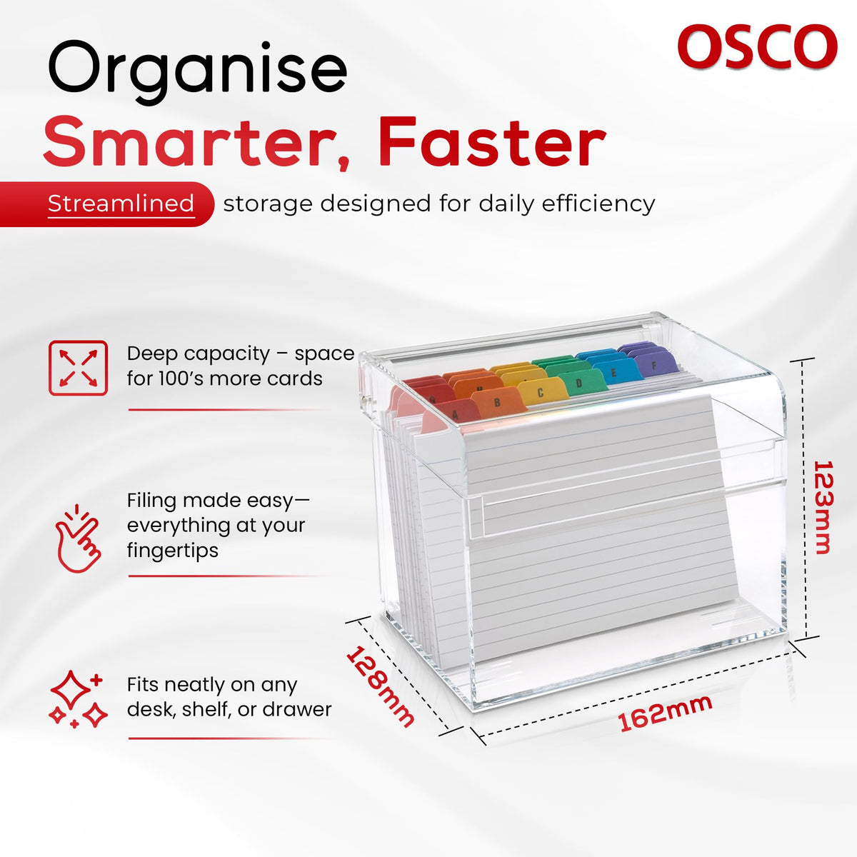 OSCO Medium Clear Acrylic Index Box, A to Z Divider Tabs, 100 Lined Note Cards, 5" x 4", Ruled