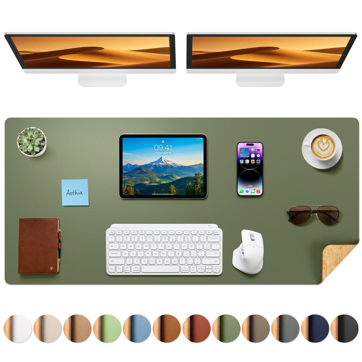 Aothia Cork Desk Mat - Dual-Sided Extra Large Desk Pad & Keyboard Mat, Long PU Leather Desk
