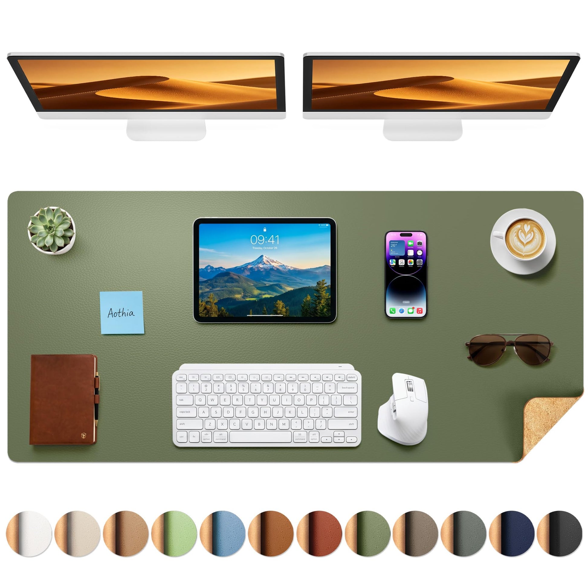 Aothia Cork Desk Mat - Dual-Sided Extra Large Desk Pad & Keyboard Mat, Long PU Leather Desk