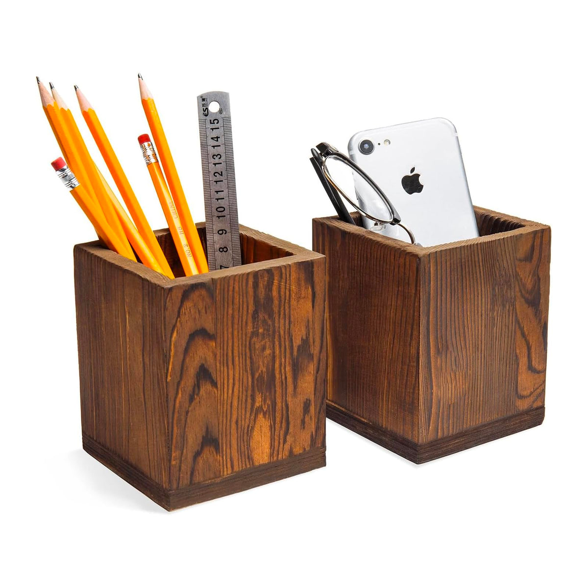 MyGift 2pc Natural Wood Pen Holder Pencil Cup, Desktop Organizer