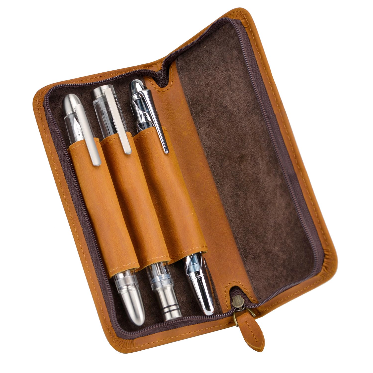 Asvine Fountain Pen Case 3 Divided Slots Crazy Horse Leather Pen Holder, Handmade Display Zippered