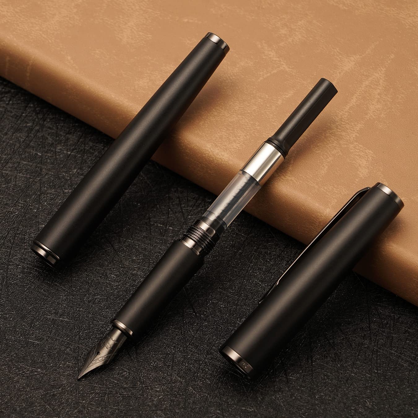 Jinhao 95 Metal Fountain Pen Titanium Black Medium Nib with Converter, Matte Black Writing Pen