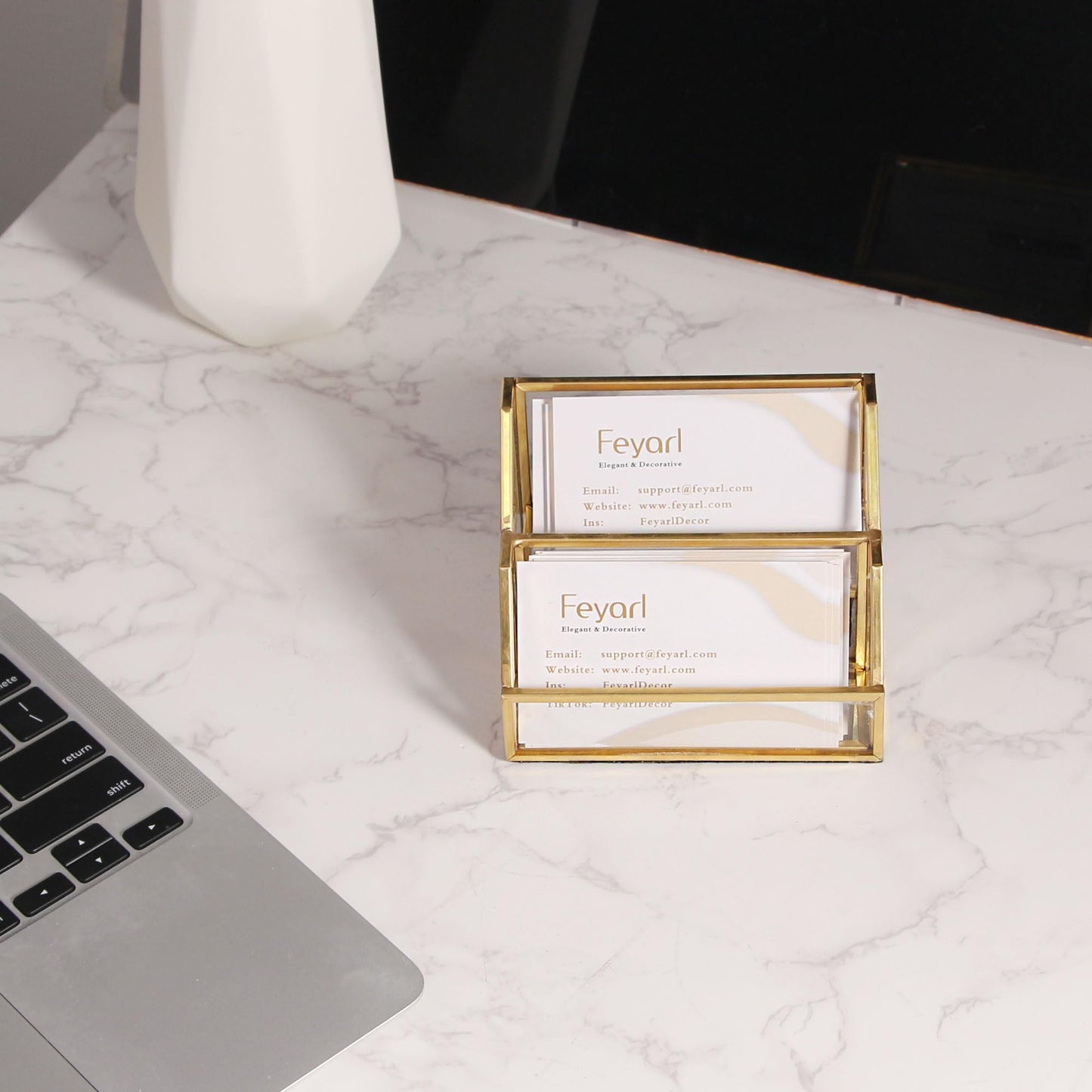Feyarl Gold Glass Business Card Holder 2 Slots Name Cards Display Stand Business Cards Organizer