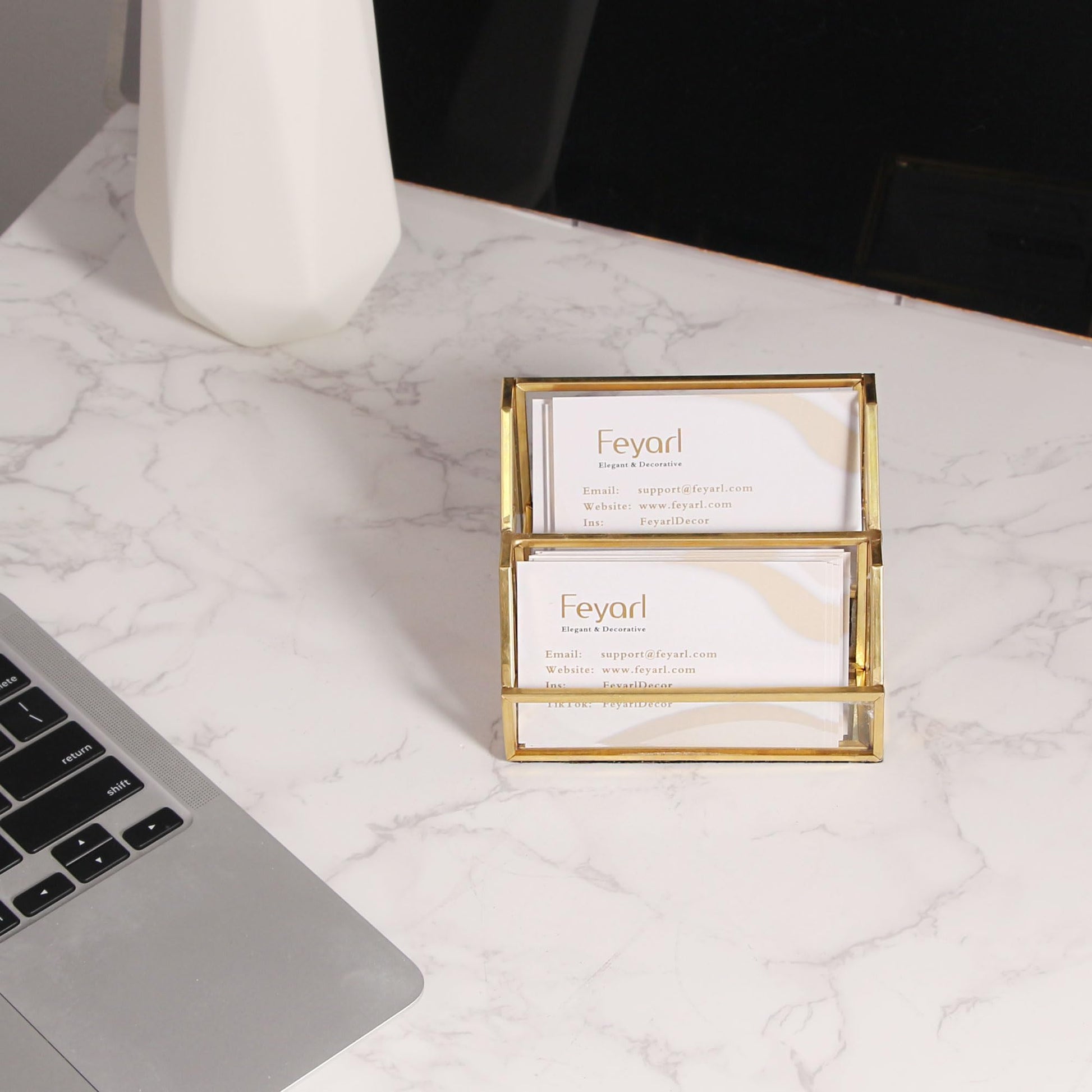Feyarl Gold Glass Business Card Holder 2 Slots Name Cards Display Stand Business Cards Organizer