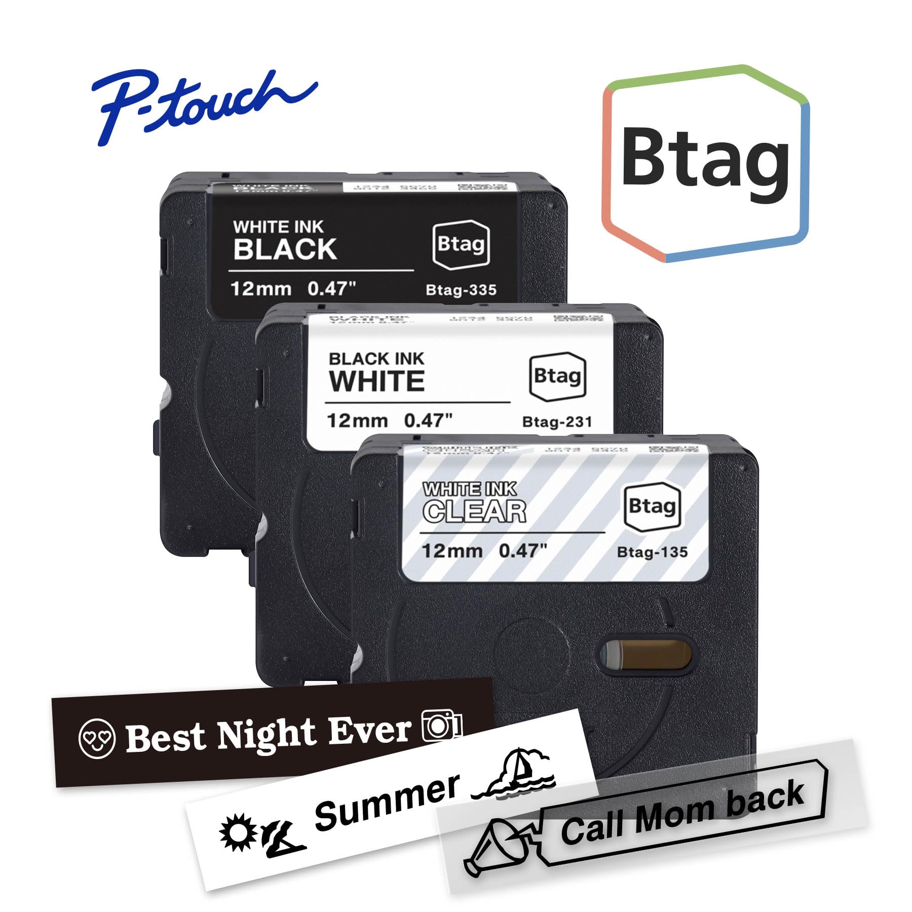 Brother Genuine P-Touch Btag Label Tape, BTAG3M01, 0.47 in by 13.1 ft, White on Clear, Black on