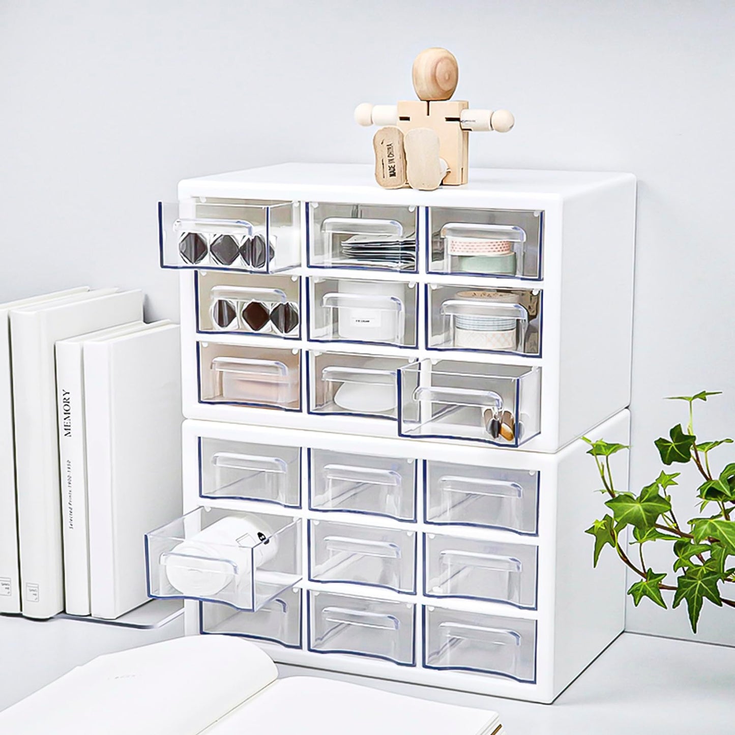 FODIENS Stackable Desk Organizer with 9 Drawers, Clear Storage Box, White