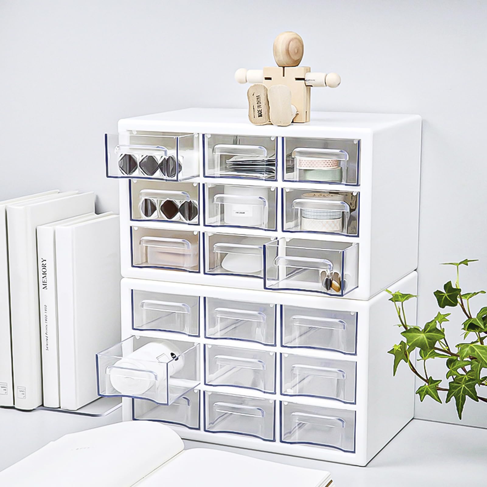 FODIENS Stackable Desk Organizer with 9 Drawers, Clear Storage Box, White