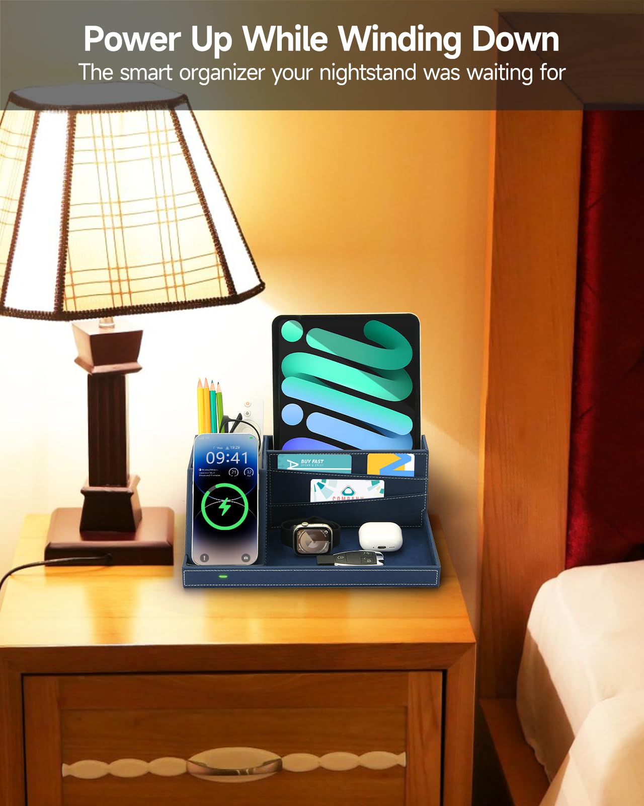 Desk Organizer with Charging Station, Nightstand Organizer Phone Docking Station, Men Gift Husband