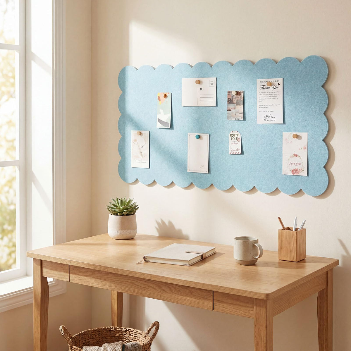 Mooliwe Scalloped Felt Bulletin Cork Board Foldable Light Blue 36 * 18 Inch