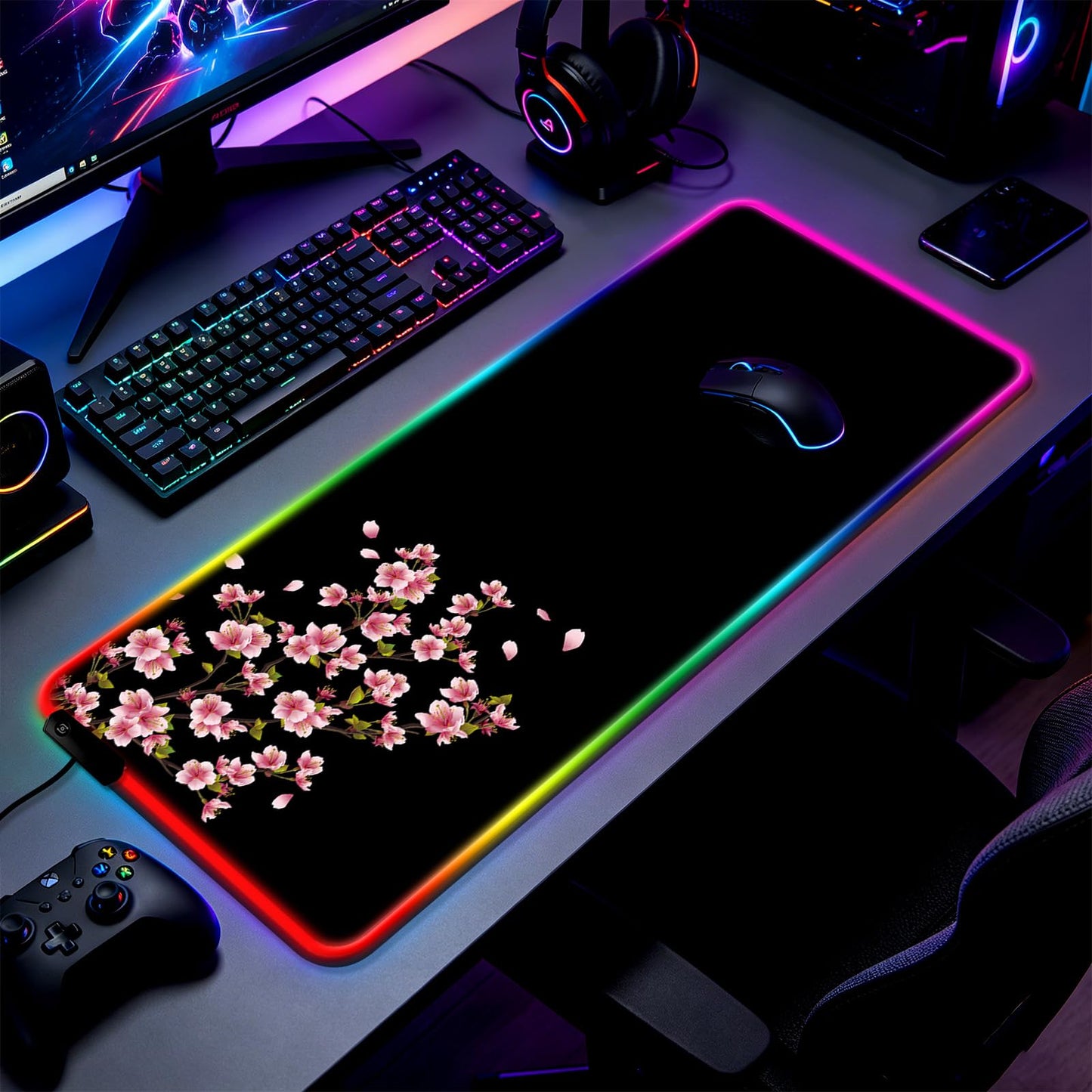 JIANG100 RGB Japanese Cherry Blossom Gaming Desk Mat, Sakura XL Mouse Pad