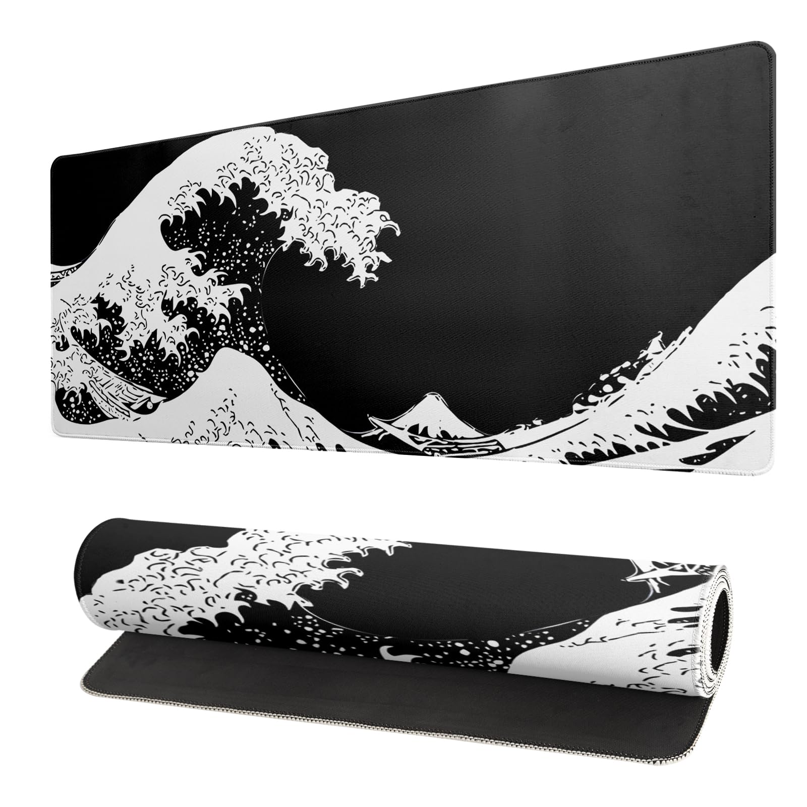 Japanese Sea Wave Large Mouse Pad, Abstract Black Gaming Mousepad, Extended Kanagawa Mat Desk Pad