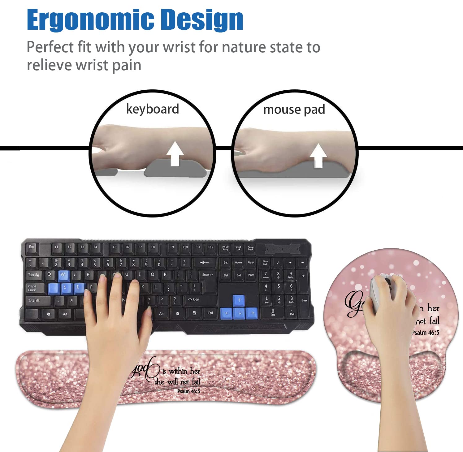 Keyboard Wrist Rest and Mouse Pad Wrist Support Set with Coasters, Quote Bible Verse Psalm 46:5