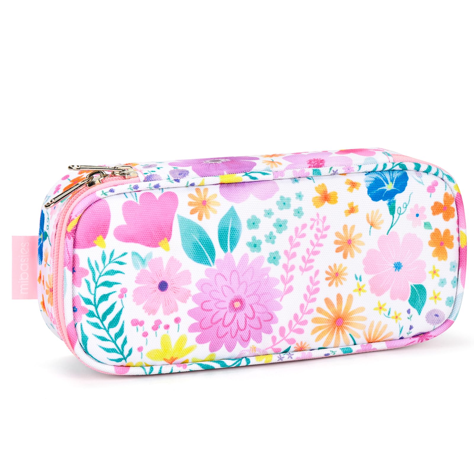 mibasies Girls Pencil Case for Kids, Multi-Slot Pencil Pouch, Flower Pink White