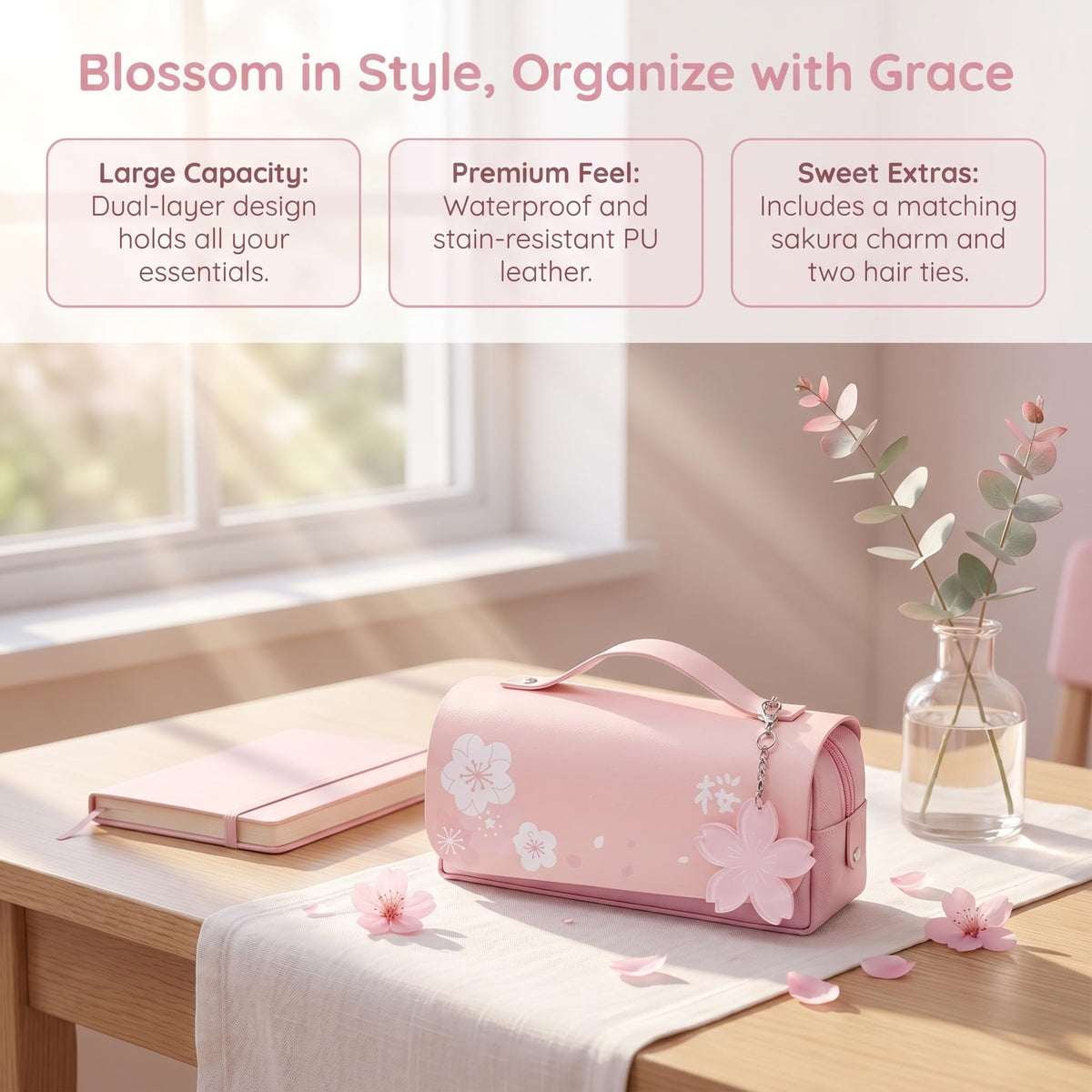 JELLYEA Kawaii Cherry Blossom Pencil Bag Pink Sweet Pencil Case, Pink