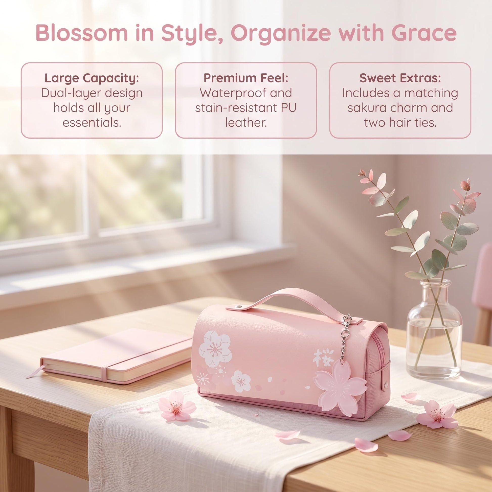 JELLYEA Kawaii Cherry Blossom Pencil Bag Pink Sweet Pencil Case, Pink