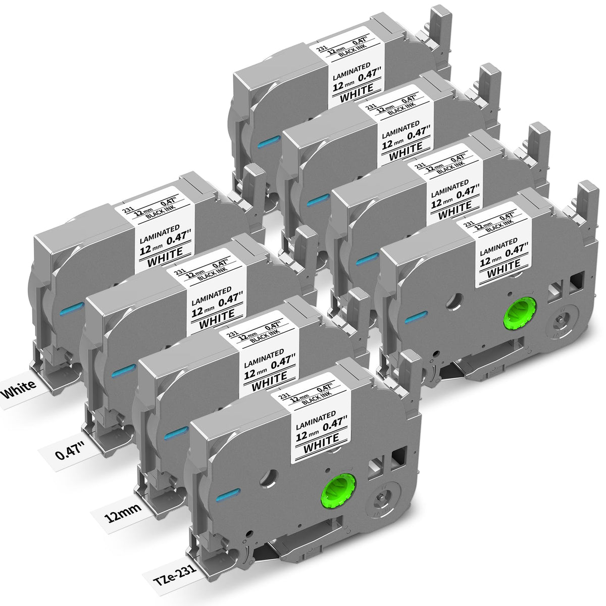 8-Pk TZe-231 Label Maker Tape Replace for Brother Ptouch 12mm .47 Laminated