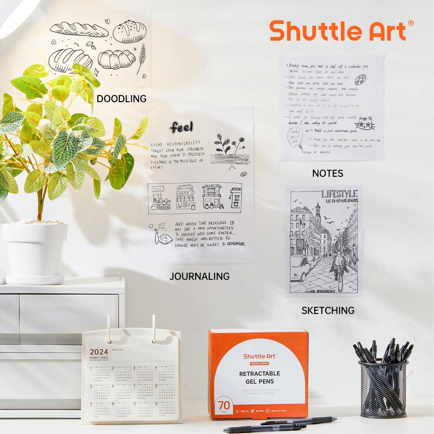 Shuttle Art Black Gel Pens, 70 Pack Retractable Medium Point Rollerball Gel Ink Pens Smooth Writing