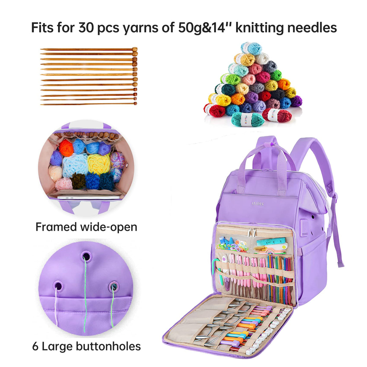 Leudes Knitting Bag Backpack, Yarn Storage Organizer Large Crochet Bag Tote Christmas Gift Yarn
