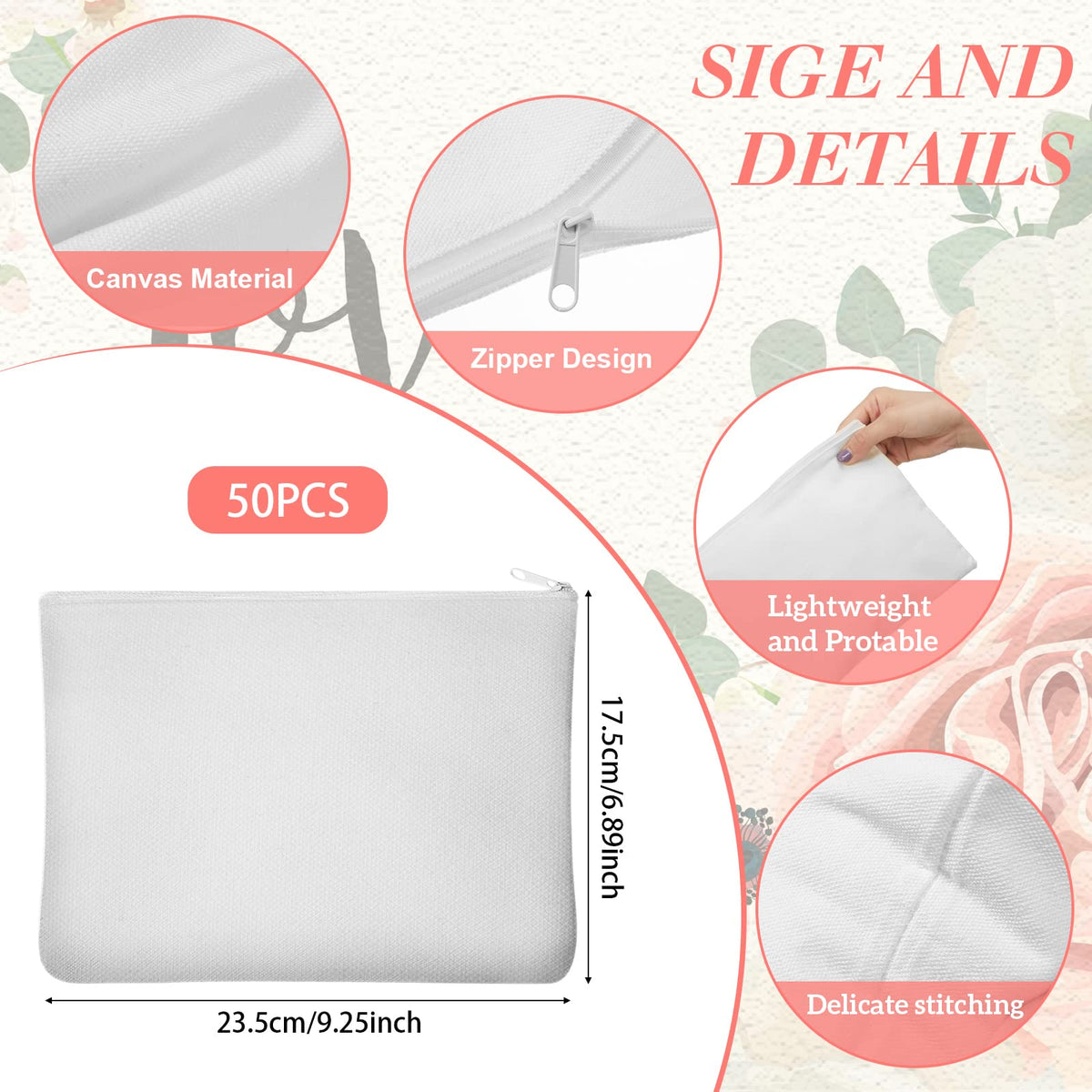 Frienda 50 Pcs Sublimation Blank Canvas Makeup Bags Bulk DIY Heat Transfer Canvas Pen Case Pencil