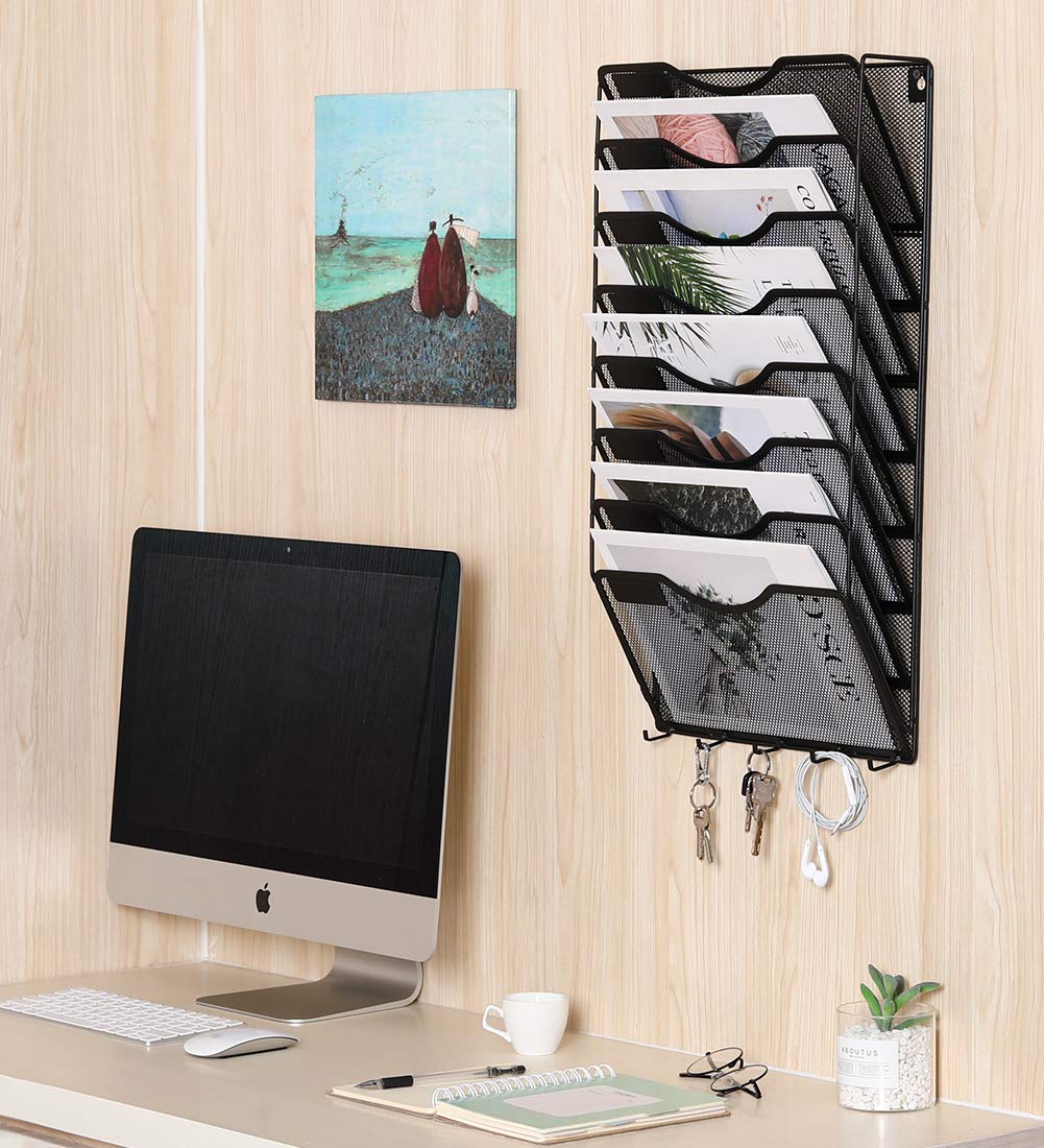 EasyPAG 8 Pocket Mesh Wall File Organizer with Key Hooks, Hanging Paper Folder Holder with Classify