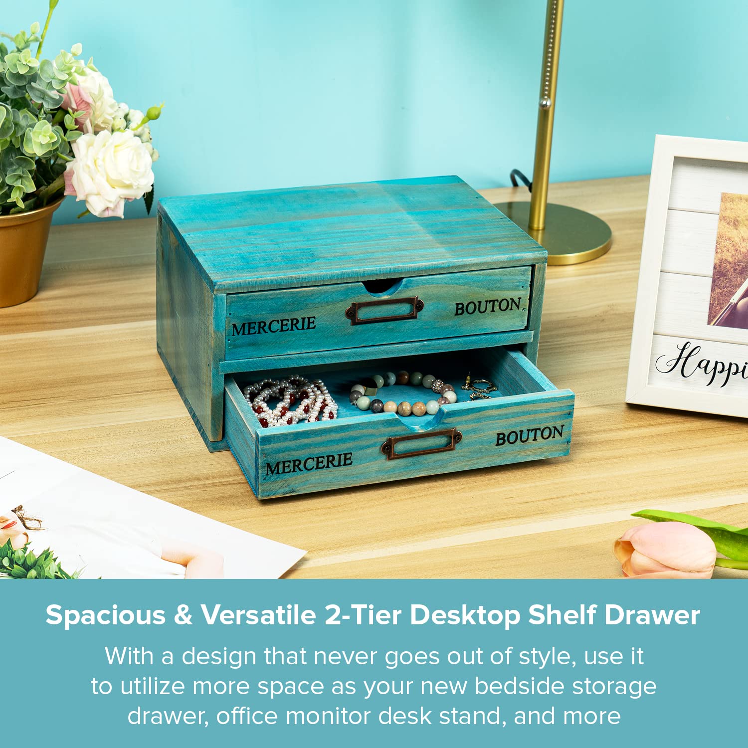Turquoise 2-Tier Drawer Unit - European Country Style Desk Organizer Box - 9.7x7x5.1" Teal Wooden