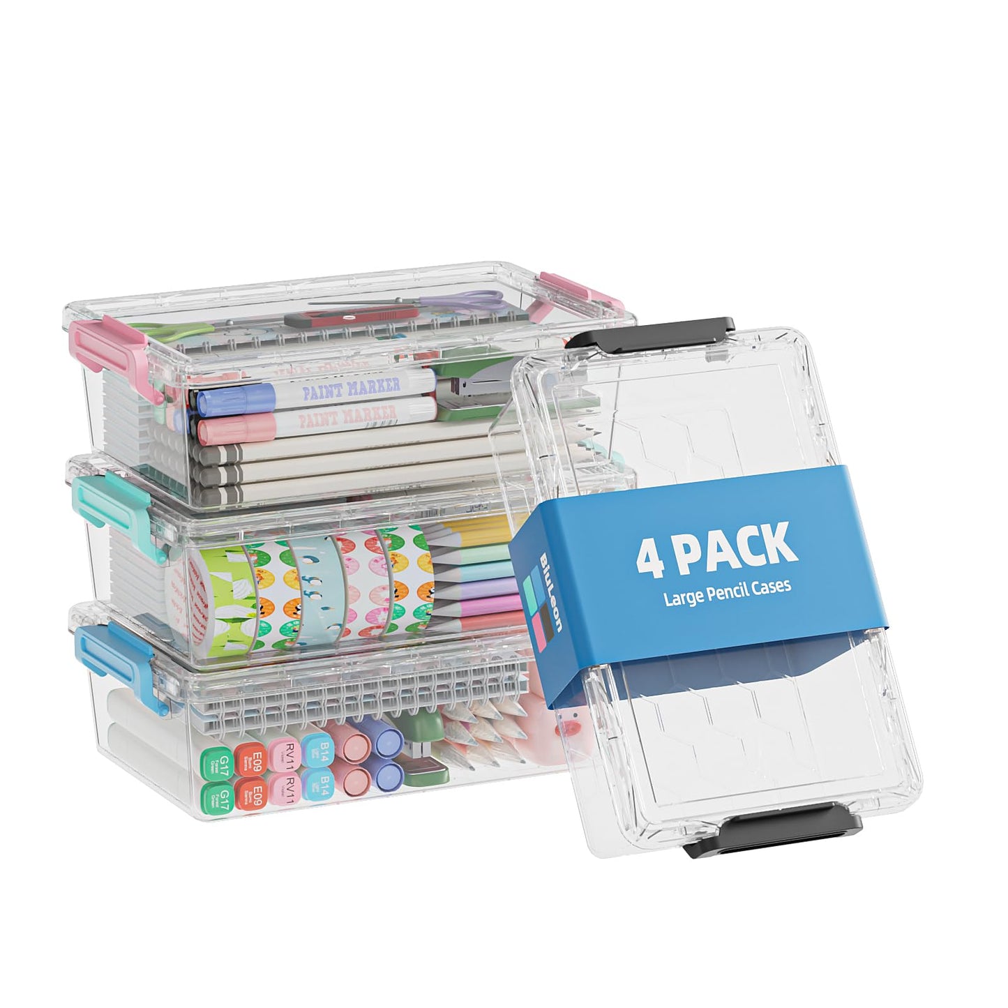 BiuLeon 4 Pack Extra Large Pencil Box, Plastic Pencil Case Organizer, Clear Crayon Box Marker