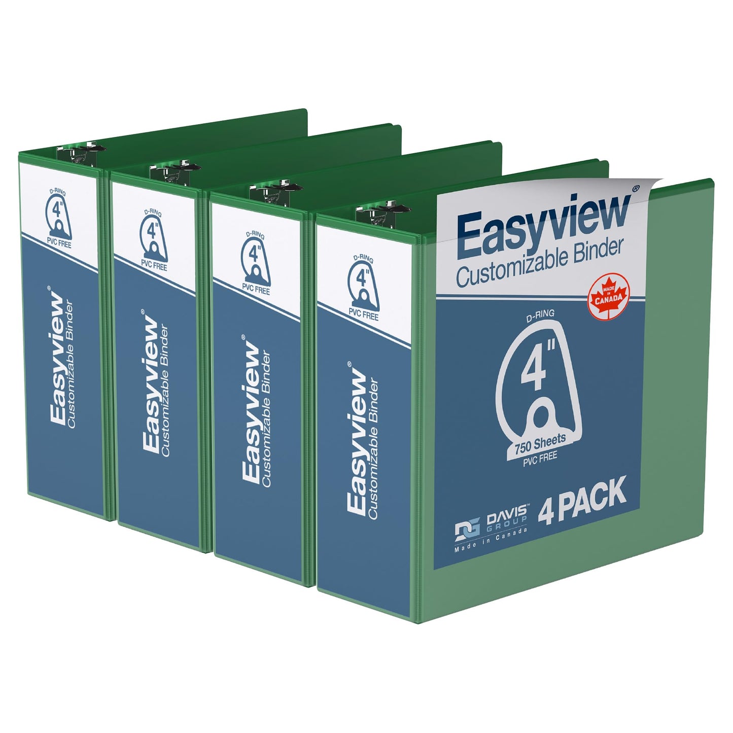 Easyview 3-Ring Binder, Clear-View Cover, 4" D Rings, Green, 4 Pack